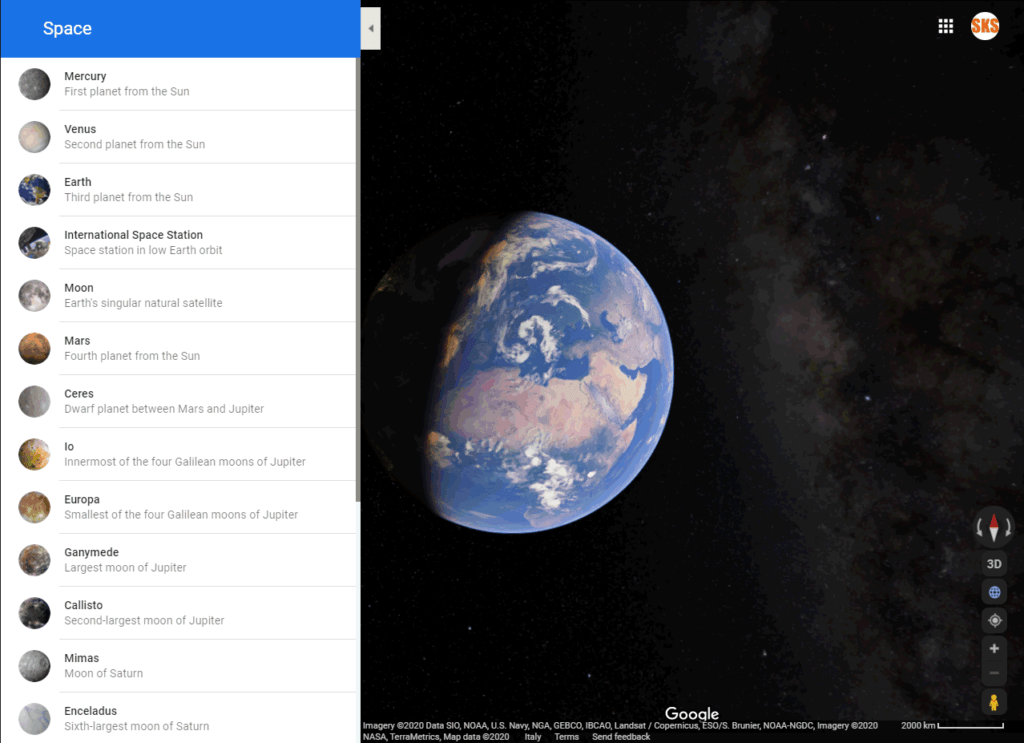 Google Maps full Earth in space and the left Space sidebar